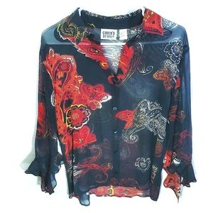 Chico's Blouse Black Sheer Lightweight Gorgeous Bell Sleeves Sz M